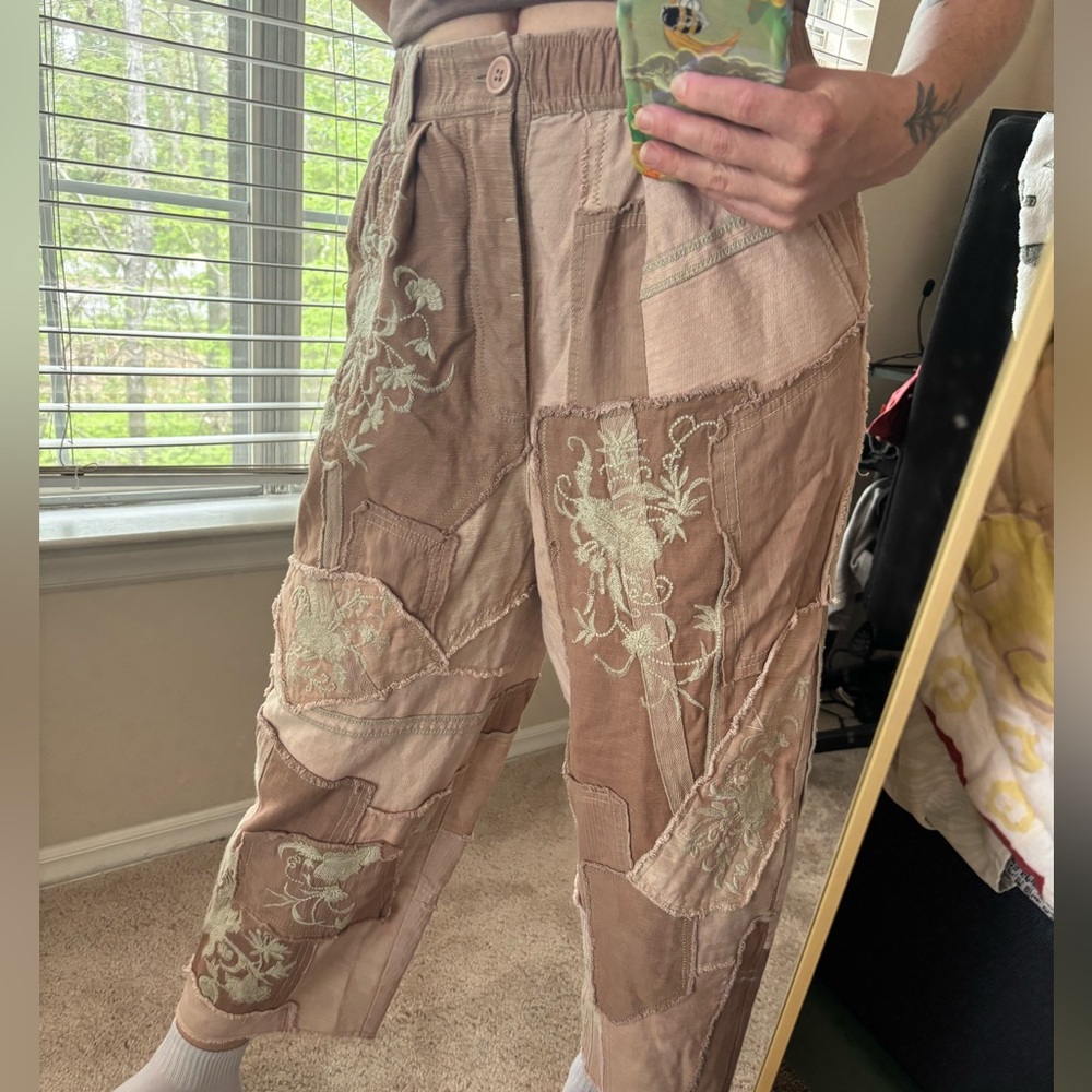 We The Free Patchwork Cropped Pants in Brown and Cream